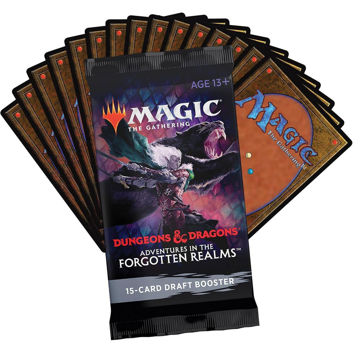 A Magic the Gathering: D&D Adventures in the Forgotten Realms Draft Booster Display by Wizards of the Coast is shown in front of a fanned-out stack of MTG cards with their iconic backs visible behind it.