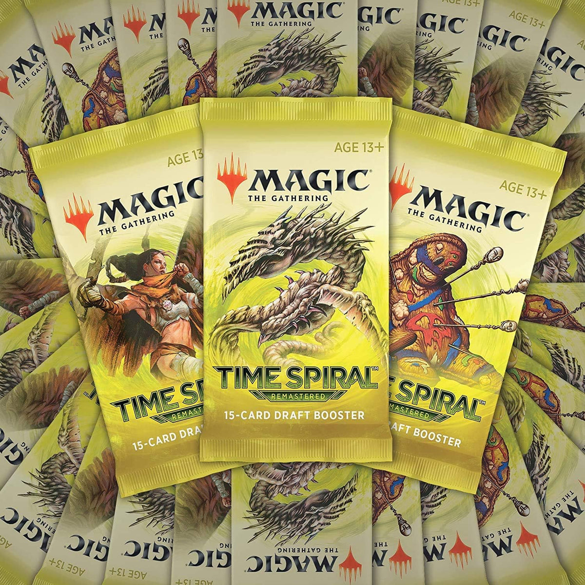 Wizards of the Coast’s Magic the Gathering: Time Spiral Remastered Draft Booster Display includes multiple packs, each showcasing fantasy artwork of a spiked creature in a misty, green forested setting.