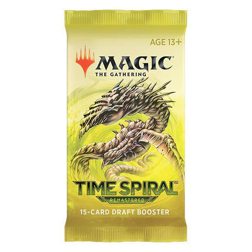 The Magic the Gathering: Time Spiral Remastered Draft Booster Pack by Wizards of the Coast features old border reprints, a spiky coiled creature on a yellow background, AGE 13+, and the Magic: The Gathering logo.