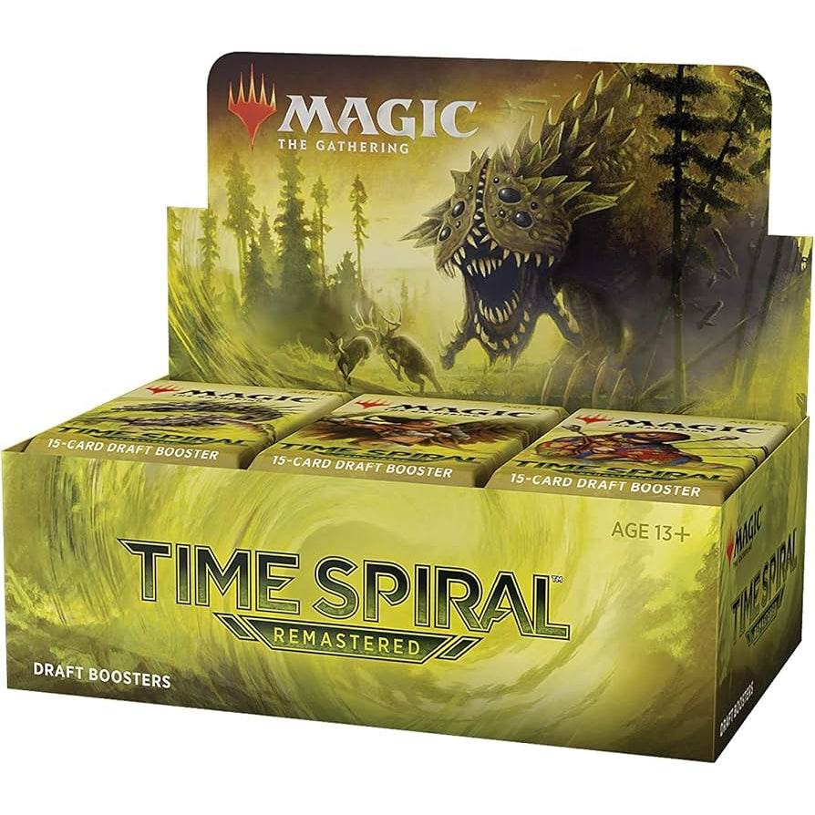 Wizards of the Coast’s Magic the Gathering: Time Spiral Remastered Draft Booster Display includes multiple packs, each showcasing fantasy artwork of a spiked creature in a misty, green forested setting.