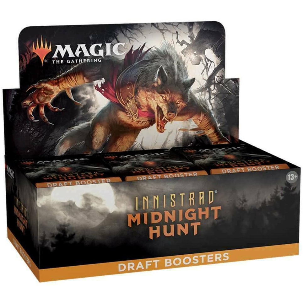 The Magic the Gathering: Innistrad Midnight Hunt Draft Booster Display by Wizards of the Coast features cover art of a snarling werewolf with glowing eyes and sharp claws.