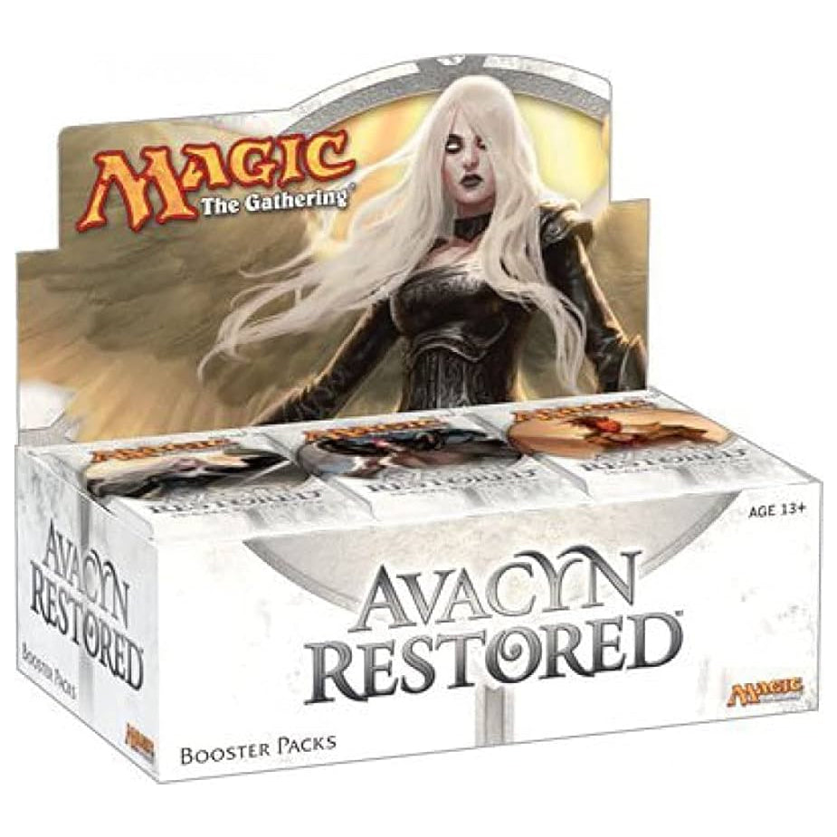 The Magic the Gathering: Avacyn Restored Booster Display by Wizards of the Coast features gothic Innistrad artwork with a pale, white-haired figure in dark armor, set name, and “Booster Packs” label.