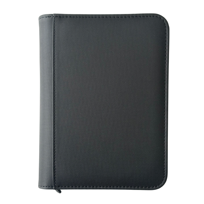 The Ml Trading TCGPicks: Samlekortmappe [240 pockets 2X2] is a closed, black, zippered folio or TCG binder with a textured cover, perfect for opbevaring af samlekort, shown against a white background.