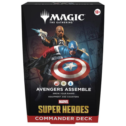 The Magic the Gathering: Marvel Super Heroes Commander Deck by Wizards of the Coast features Nick Fury and Captain America on a box labeled "Avengers Assemble" and "Universes Beyond," with official MTG logos and an age rating of 13+.