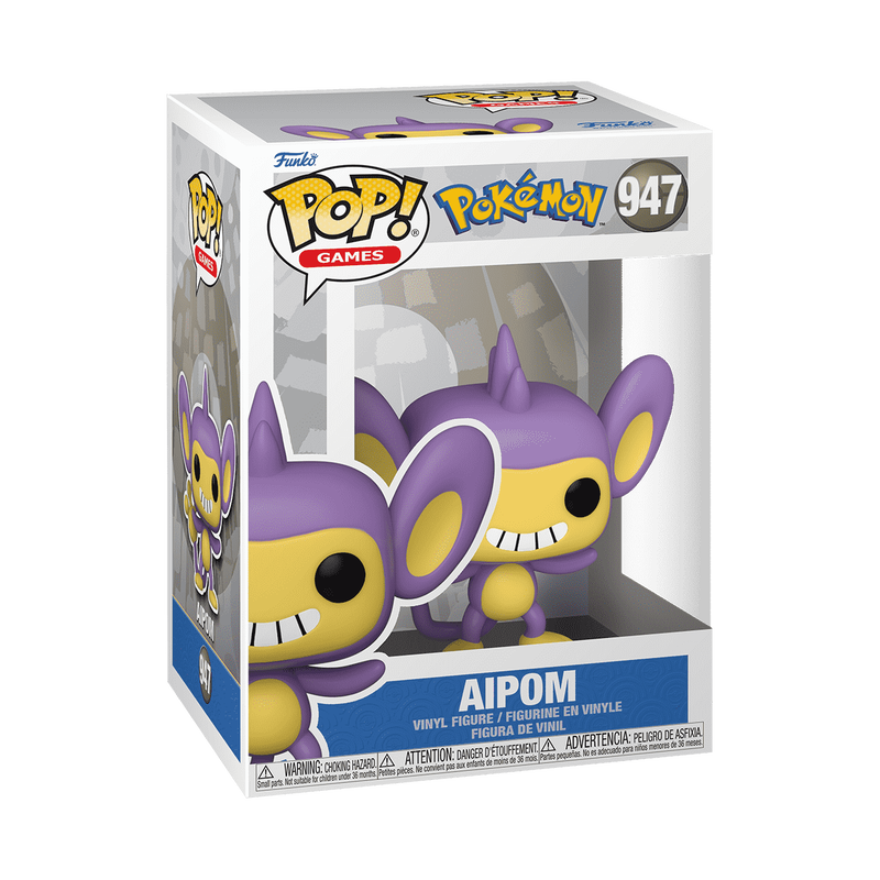 Funko POP! Pokemon: Aipom - #947 by Funko comes in its original box, featuring the Pokémon and Pop! Games logos. This vinyl figure displays Aipom in purple and yellow, complete with large ears and a wide smile.