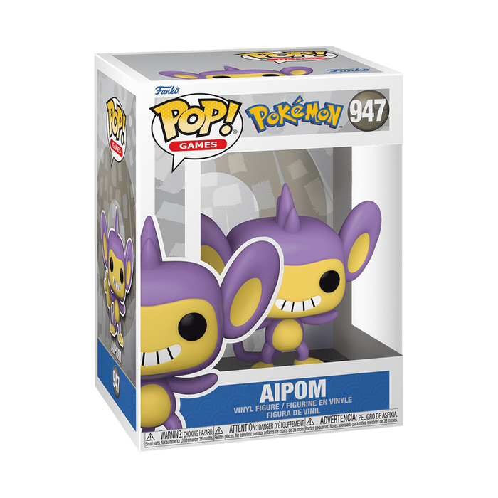 Funko POP! Pokemon: Aipom - #947 by Funko comes in its original box, featuring the Pokémon and Pop! Games logos. This vinyl figure displays Aipom in purple and yellow, complete with large ears and a wide smile.