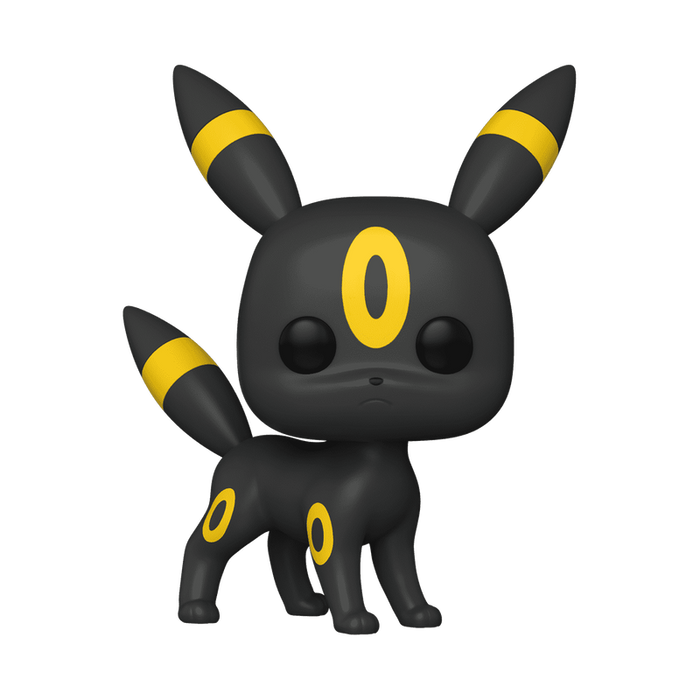A Funko Pop vinyl figure of Umbreon, a black Pokémon with yellow rings on its ears, tail, and body, large ears, and red eyes, standing on all fours against a plain white background.