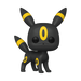 A Funko Pop vinyl figure of Umbreon, a black Pokémon with yellow rings on its ears, tail, and body, large ears, and red eyes, standing on all fours against a plain white background.