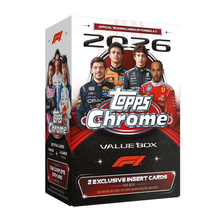 A Topps Chrome F1 2026 Value Box featuring four drivers on the front, with promotional text indicating it contains 28 cards and 2 exclusive insert cards.