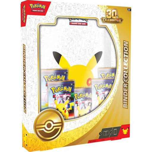 The Pokémon TCG: 30th Celebration Binder Collection by The Pokémon Company includes a yellow Pikachu binder and five booster packs, all presented in elegant white and gold-themed packaging.