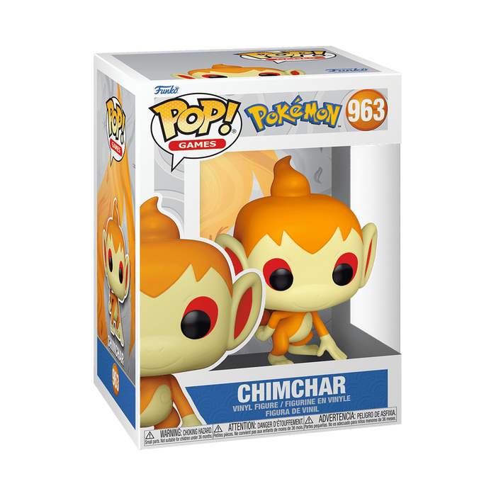 Funko POP! Pokemon: Chimchar - #963 vinyl figure by Funko, featuring the orange Pokémon with large ears and a flame-like curled tail, displayed in its box with a clear packaging window.