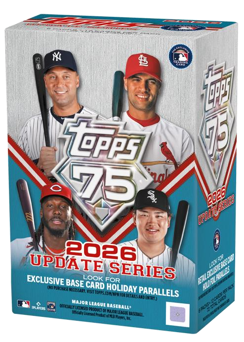 A Topps Update Series MLB 2026 Value Box featuring four Major League Baseball players holding bats, with 2026 Update Series and 75th Anniversary branding.