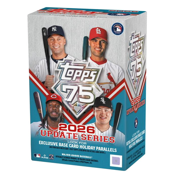 A Topps Update Series MLB 2026 Value Box featuring four Major League Baseball players holding bats, with 2026 Update Series and 75th Anniversary branding.