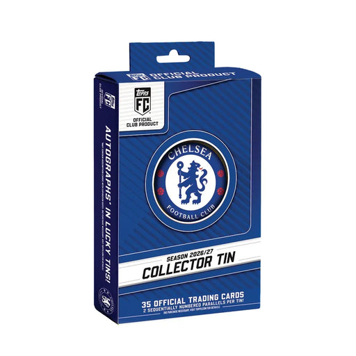 Introducing the Topps Collector Tin 2026/27 Chelsea—featuring the official club logo on a stylish blue and white tin. Each box includes 35 official Topps trading cards and 2 exclusive numbered parallels, with a chance to find an autograph inside.