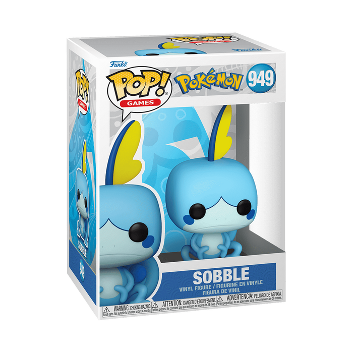 A Funko POP! Pokémon: Sobble (#949) vinyl figure by Funko, featuring the blue Sobble with yellow fins, comes in its original box with a clear window display.