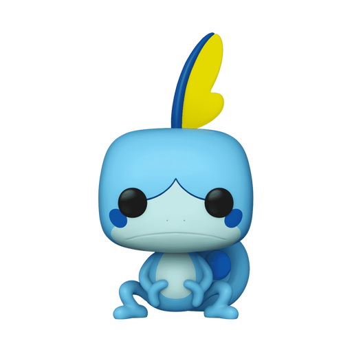 A Funko POP! Pokemon: Sobble (#949) vinyl figure by Funko, featuring a blue, cartoonish character with a big square head, large black eyes, blue cheeks, and a yellow fin on its head, sitting with its hands on its knees.