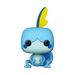A Funko POP! Pokemon: Sobble (#949) vinyl figure by Funko, featuring a blue, cartoonish character with a big square head, large black eyes, blue cheeks, and a yellow fin on its head, sitting with its hands on its knees.