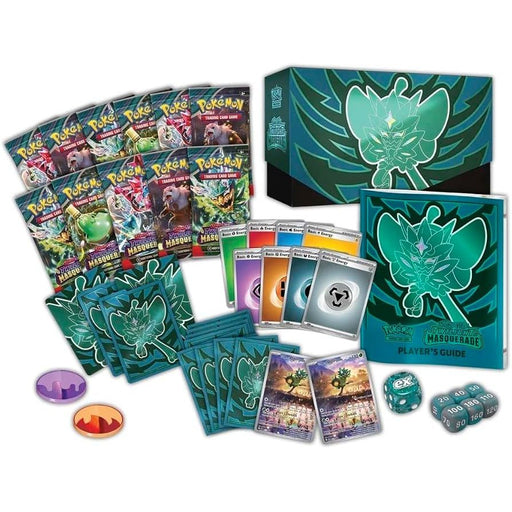 The Pokémon TCG: Twilight Masquerade Pokémon Center Elite Trainer Box by The Pokémon Company features booster packs, a themed deck box, card sleeves, energy cards, a player’s guide, damage counters, condition markers, dice, and promo cards—all with elegant teal and black designs. This exclusive set is available only at Pokémon Center.
