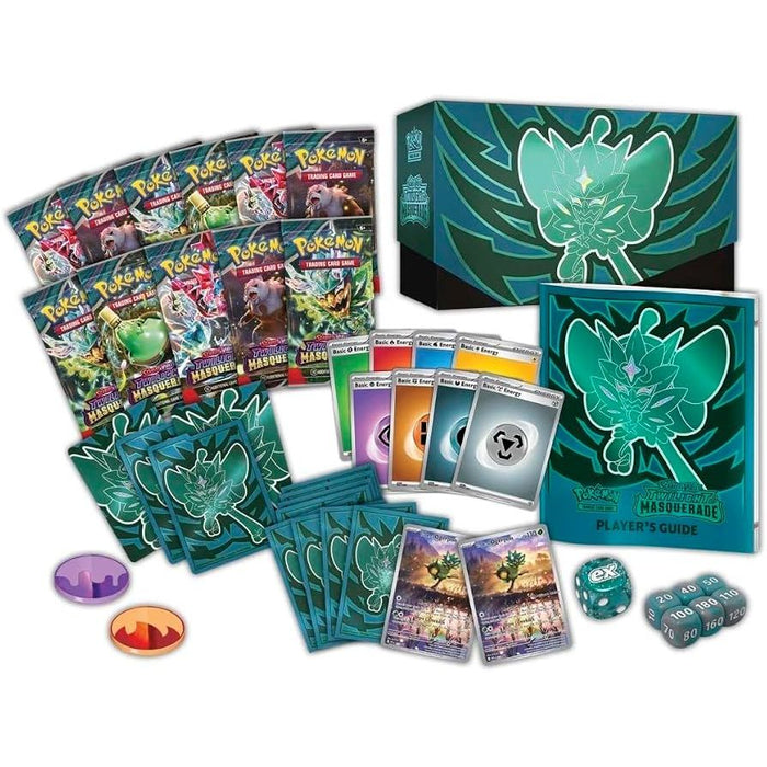 The Pokémon TCG: Twilight Masquerade Pokémon Center Elite Trainer Box by The Pokémon Company features booster packs, a themed deck box, card sleeves, energy cards, a player’s guide, damage counters, condition markers, dice, and promo cards—all with elegant teal and black designs. This exclusive set is available only at Pokémon Center.
