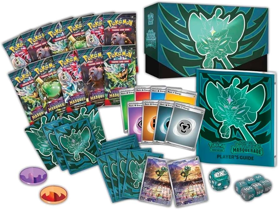 The Pokémon TCG: Twilight Masquerade Pokémon Center Elite Trainer Box by The Pokémon Company features booster packs, a themed deck box, card sleeves, energy cards, a player’s guide, damage counters, condition markers, dice, and promo cards—all with elegant teal and black designs. This exclusive set is available only at Pokémon Center.