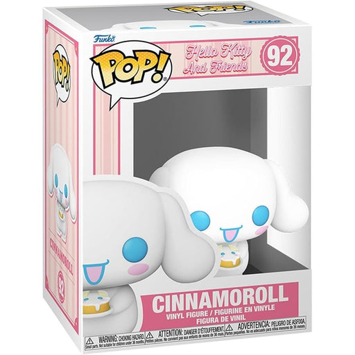 Funko POP! Sanrio: Cinnamoroll - #92 by Funko features the beloved white character from Hello Kitty and Friends with blue eyes, pink cheeks, and holding a small dessert, packaged in a display box.