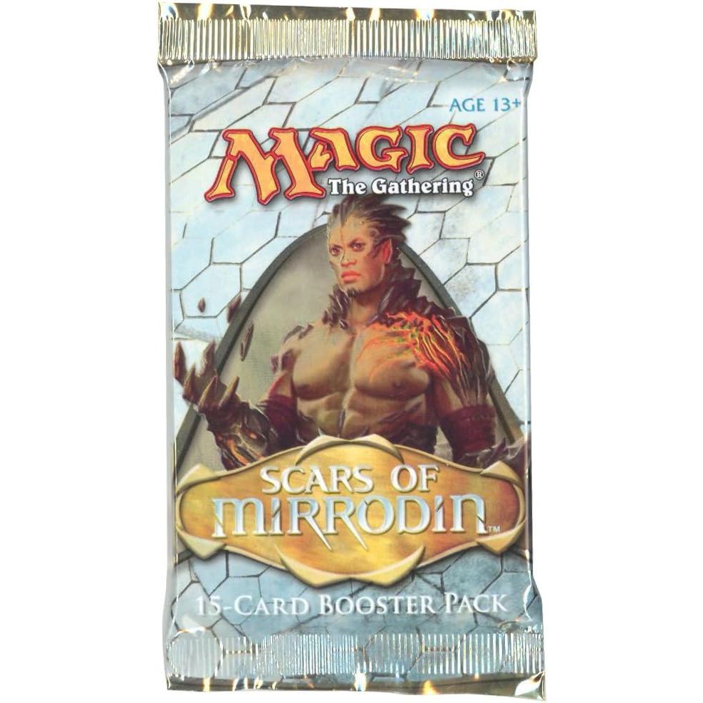 A Magic: The Gathering - Scars of Mirrodin booster pack featuring a muscular, scarred humanoid character in a central oval frame.