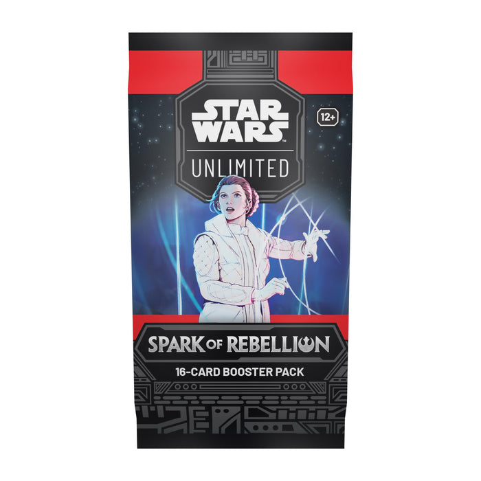 An Asmodee Star Wars: Spark of Rebellion Booster Pack, showcasing Princess Leia with a blaster in a futuristic setting, and labeled for ages 12 and up.