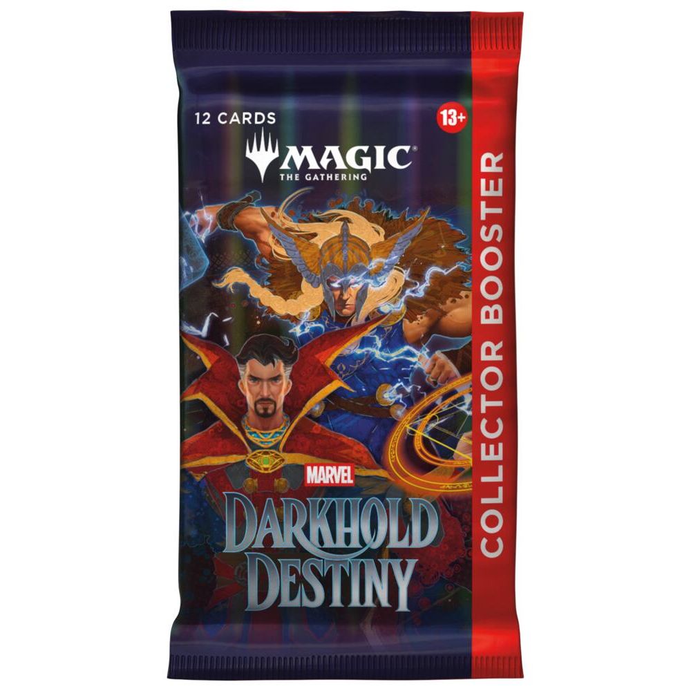 Magic: The Gathering - Marvel Darkhold Destiny Collector Booster display featuring Doctor Strange and Thor in a dark, magical setting.