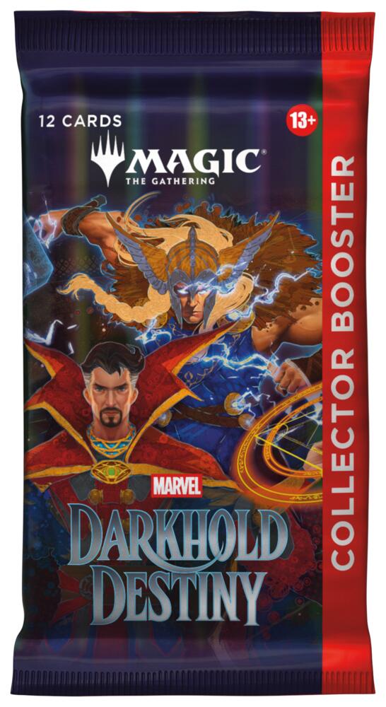 A Magic: The Gathering - Marvel Darkhold Destiny Collector Booster Pack featuring illustrations of Doctor Strange and Thor, with the text Darkhold Destiny and Collector Booster printed on the front.