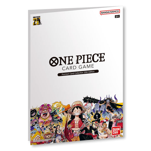 Bandai One Piece Card Game: Premium Card Collection 25th Edition Japansk folder featuring various One Piece characters at the bottom.