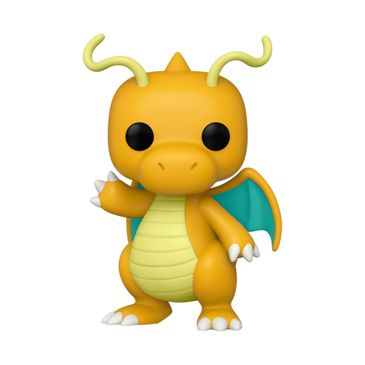 The Funko POP! Pokemon: Dragonite - #850 vinyl figure by Funko, Inc. features Dragonite, an orange dragon-like Pokémon with small wings, yellow antennae, and a cream-colored belly, standing and waving with one arm raised.