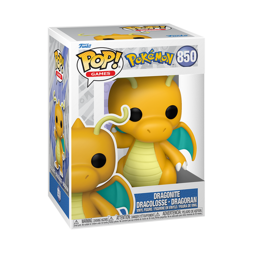 Funko POP! Pokémon: Dragonite - #850 by Funko, Inc. comes in a display box featuring Pokémon and Funko Pop! branding, with a clear window showcasing the vinyl figure inside.