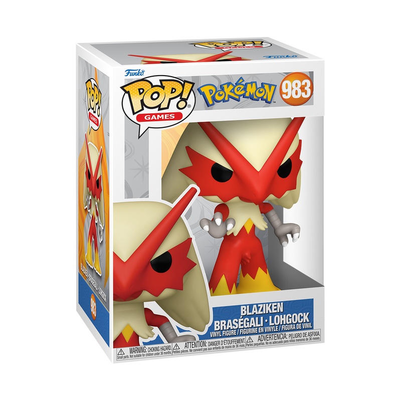 Funko POP! Pokemon: Blaziken - #983 vinyl figure of a bipedal, bird-like creature with cream-colored hair, a red face mask, and yellow feet.