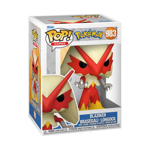 The Funko, Inc. Funko POP! Pokemon: Blaziken - #983 vinyl figure is showcased in its original box, featuring Blaziken in vibrant red and cream tones with a dynamic pose behind a clear plastic window—an ideal addition for any collector.