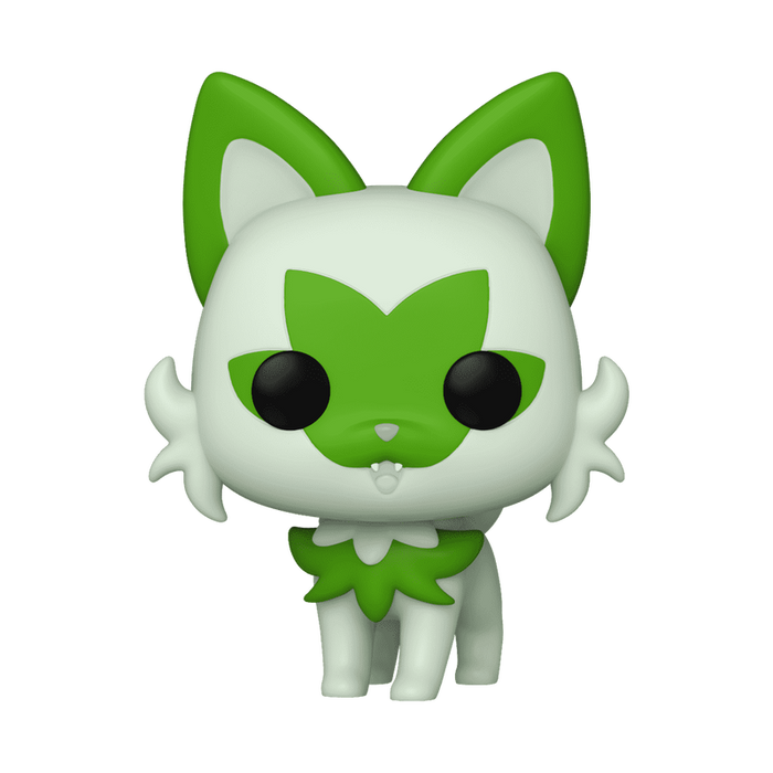 A Funko POP! Pokemon: Sprigatito (#984) vinyl figure by Funko, featuring the cute cartoon cat Pokémon with large green ears, green facial and chest markings, big black eyes, and a leaf-like collar, shown against a plain white background.