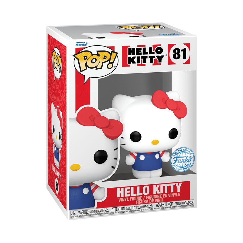 Funko POP! Sanrio: Hello Kitty with Red Bow - #81 by Funko features Hello Kitty in a blue outfit and iconic red bow, with the official Hello Kitty logo and branding displayed on the box.
