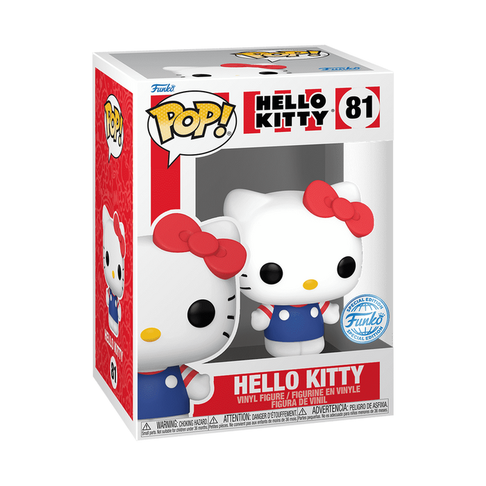 Funko POP! Sanrio: Hello Kitty with Red Bow - #81 by Funko features Hello Kitty in a blue outfit and iconic red bow, with the official Hello Kitty logo and branding displayed on the box.