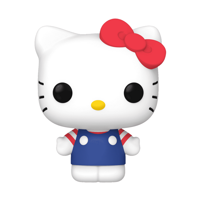 The Funko POP! Sanrio: Hello Kitty with Red Bow - #81 by Funko is a cartoon-style white cat figurine featuring a red bow, black eyes, yellow nose, and a blue dress with red and white sleeves, shown against a plain white background.