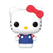 The Funko POP! Sanrio: Hello Kitty with Red Bow - #81 by Funko is a cartoon-style white cat figurine featuring a red bow, black eyes, yellow nose, and a blue dress with red and white sleeves, shown against a plain white background.