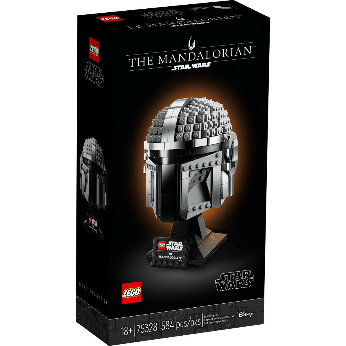 LEGO Star Wars™ Mandalorianerens hjelm, sæt 75328, for 18+, med 584 dele. Displaymodellen har både LEGO og Star Wars logoer på sort baggrund – en ikonisk del af Star Wars Helmet Collection.