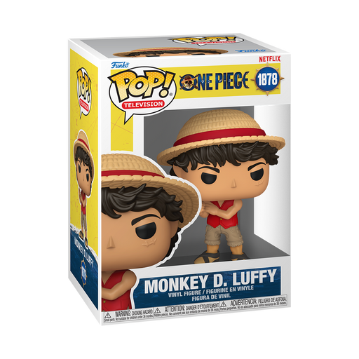 Funko, Inc.’s Funko POP! One Piece: Luffy (Live Action) - #1878 features a vinyl figure of Monkey D. Luffy dressed in his iconic straw hat, red vest, blue shorts, and sandals. The packaging is yellow with One Piece branding and product number 1878.