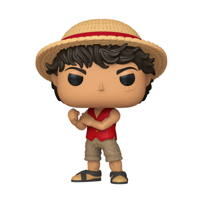 Funko POP! One Piece: Luffy (Live Action) - #1878 vinyl figure by Funko, Inc. featuring Luffy with black hair, a straw hat, red vest, tan shorts, and sandals standing with arms crossed on a white background.