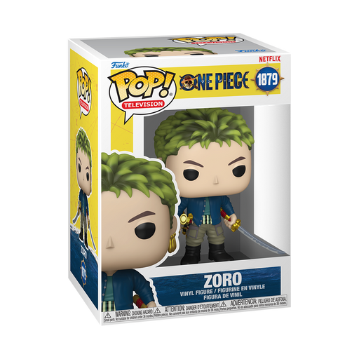 Funko POP! One Piece: Zoro (Live Action) - #1879 by Funko, featuring the character with green hair, swords, and a blue outfit in a display box with Netflix and Funko POP! branding.