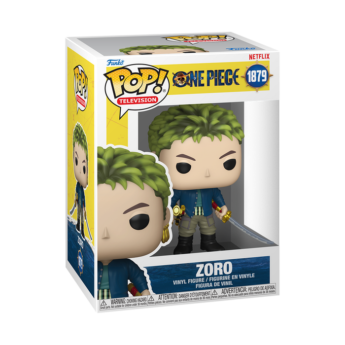 Funko POP! One Piece: Zoro (Live Action) - #1879 by Funko, featuring the character with green hair, swords, and a blue outfit in a display box with Netflix and Funko POP! branding.