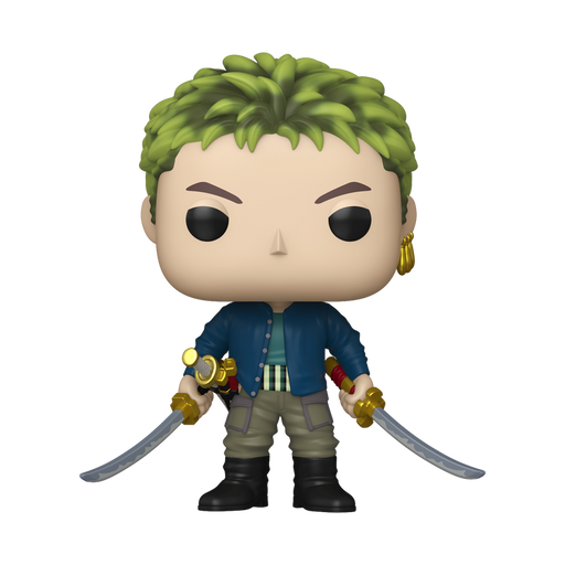 The Funko POP! One Piece: Zoro (Live Action) - #1879 vinyl figure by Funko features Zoro with spiky green hair, gold earrings, a blue jacket over a striped shirt, and beige pants, holding two curved swords and displayed against a white background.