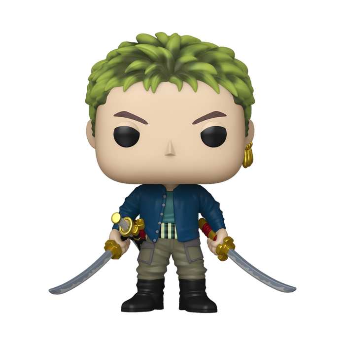 The Funko POP! One Piece: Zoro (Live Action) - #1879 vinyl figure by Funko features Zoro with spiky green hair, gold earrings, a blue jacket over a striped shirt, and beige pants, holding two curved swords and displayed against a white background.