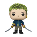 The Funko POP! One Piece: Zoro (Live Action) - #1879 vinyl figure by Funko features Zoro with spiky green hair, gold earrings, a blue jacket over a striped shirt, and beige pants, holding two curved swords and displayed against a white background.