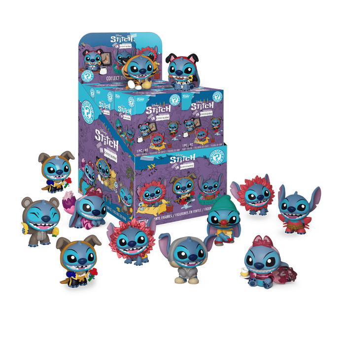 A set of Funko POP! Disney: Stitch in Costume Mystery Minis by Funko, featuring colorful Stitch figurines each uniquely dressed in different costumes, displayed around and on top of two purple collectible boxes.