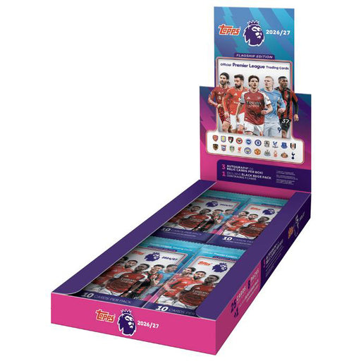 The Topps Flagship Premier League 2026/27 Hobby Box features multiple packs of trading cards, with images of football players, team logos, and official Premier League branding displayed on the box.