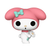 The Funko POP! Sanrio: My Melody with Flower - #83 vinyl figure by Funko features a white body, large black eyes, a pink hood with a mint green bow, long floppy pink ears, and is holding a white daisy.
